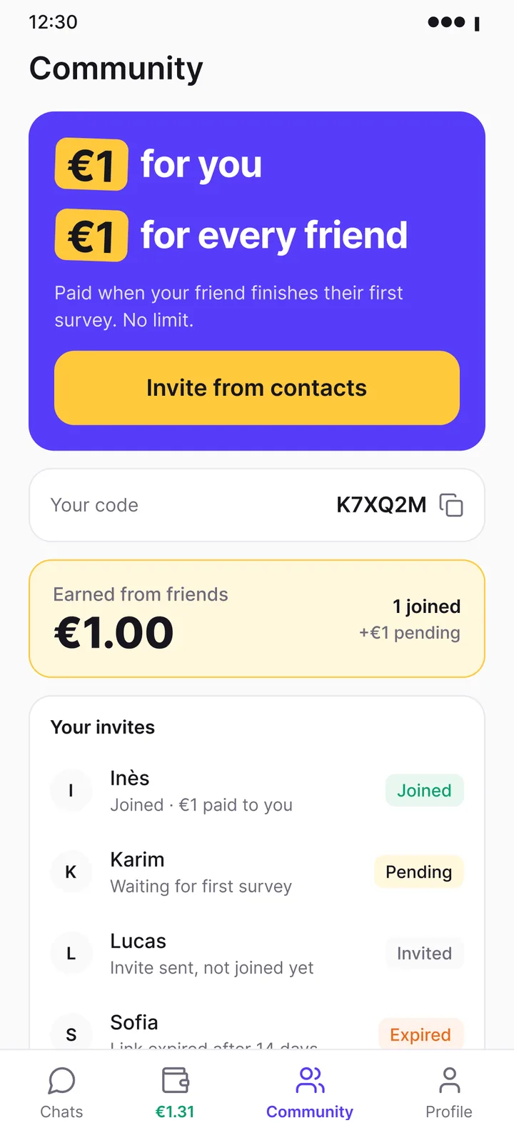 Pestaña Comunidad de Textly para invitar a amigos: 1 € para ti y 1 € para ellos.