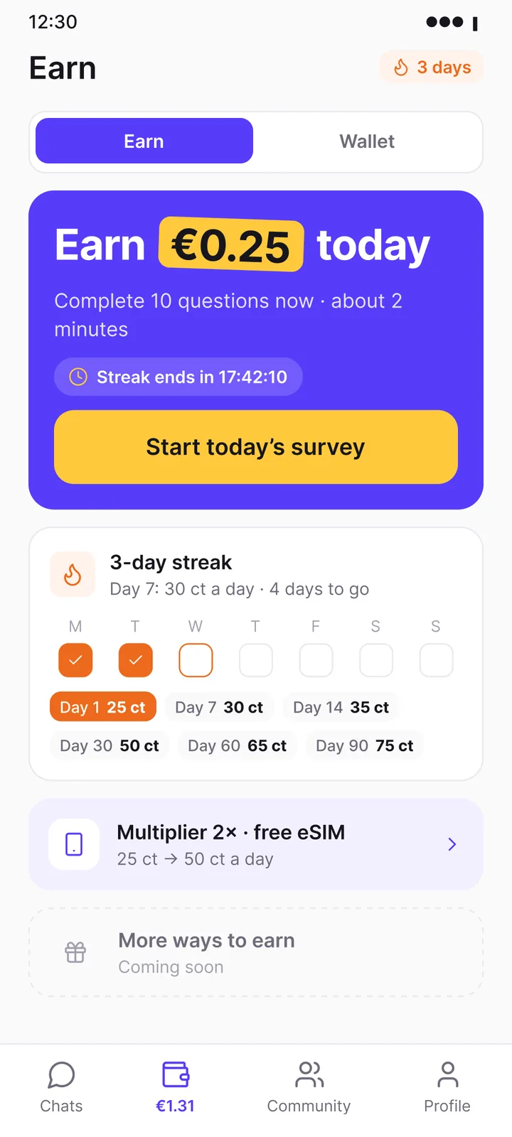 Pestaña Ganar de Textly con la encuesta de hoy y el calendario de la racha.