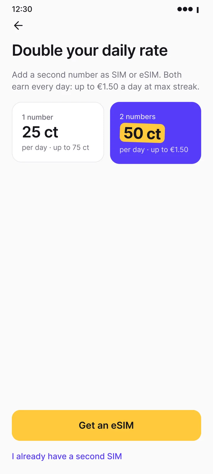 Pantalla de Textly que ofrece un segundo número o una eSIM gratis para duplicar la tarifa diaria.