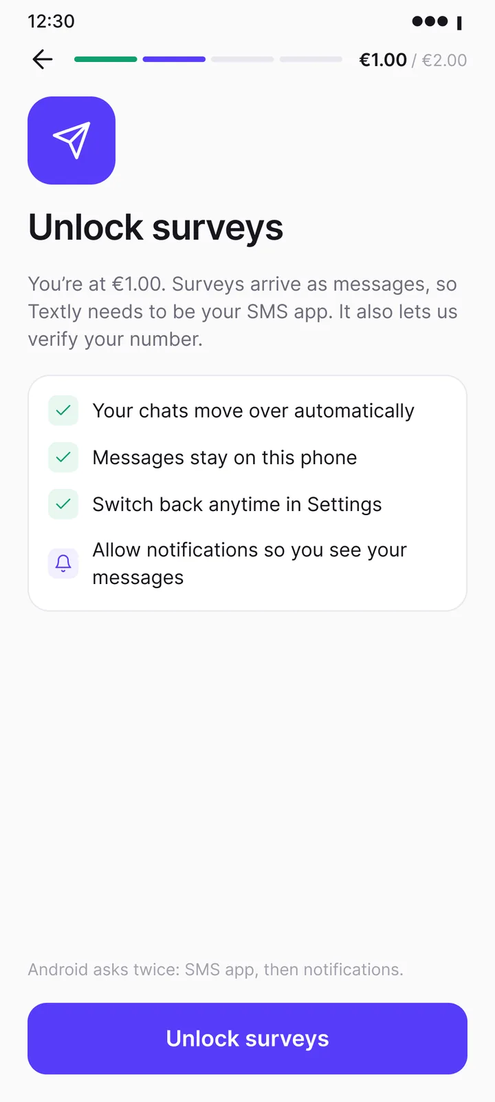 Pantalla de configuración de Textly: haz de Textly tu app de SMS y permite las notificaciones para desbloquear las encuestas.